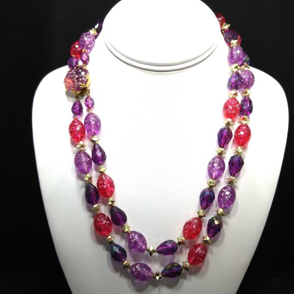 West Germany Glitter Beaded Necklace, Molded Plastic Purple Pink Beads, 1950s - Picture 2 of 10